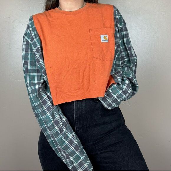 Reworked Carhartt Cropped Long Sleeve Orange Plaid Relaxed Streetwear Shirt Top - Picture 2 of 4